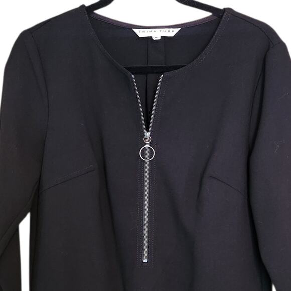 Trina Turk Black Versed Shift Dress, 3/4 sleeve, front half zip, pockets, sz 6 - Picture 2 of 11